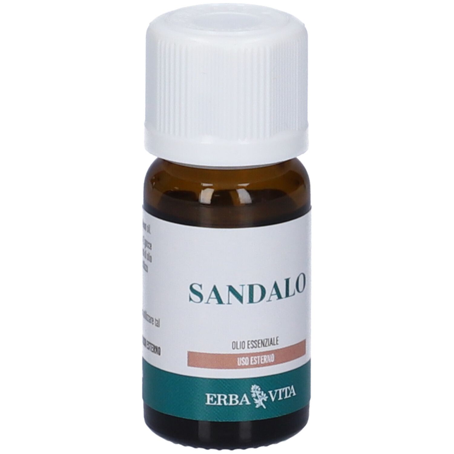 Flacone di vetro marrone con tappo bianco. Etichetta con "SANDALO", "USO ESTERNO" e logo "ERBA VITA".