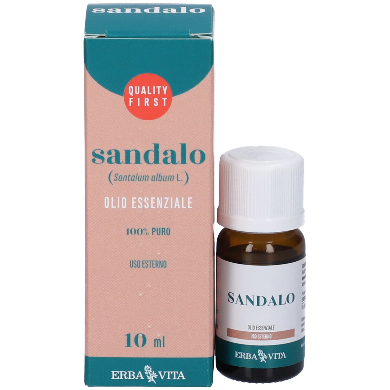 Flacone e confezione. Confezione con "sandalo", "100% puro", "10 ml" e logo.