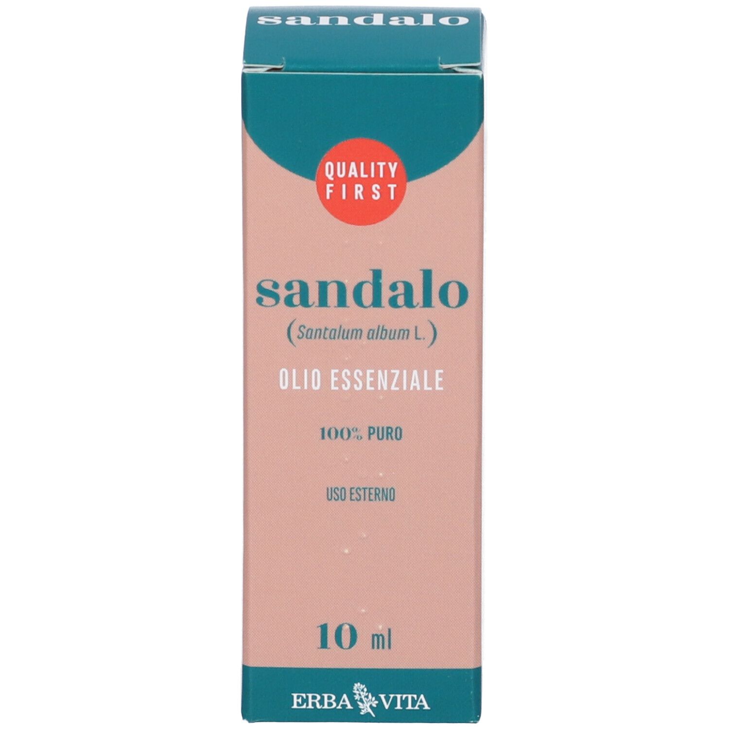 Confezione del prodotto. Confezione rosa con "sandalo", "10 ml" e logo.