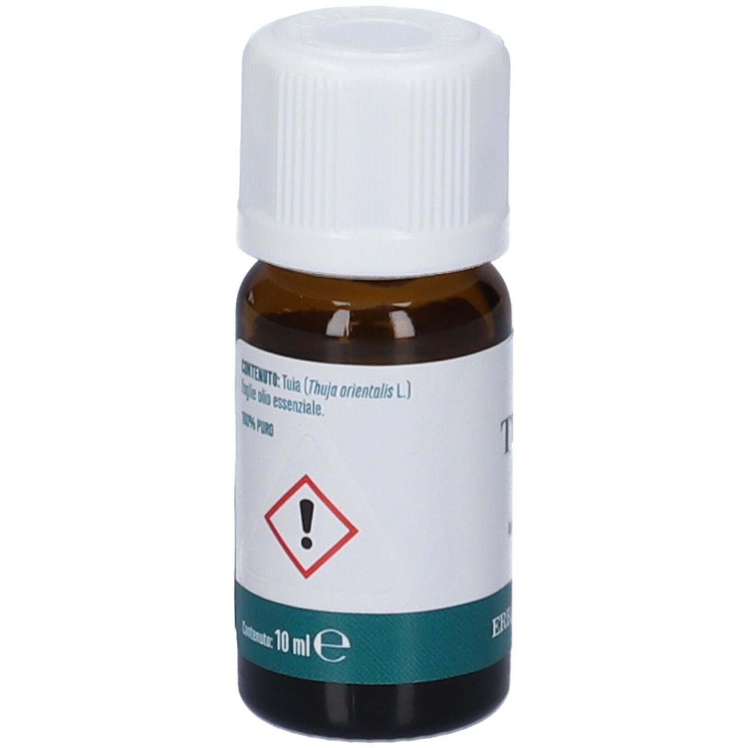 Flacone di vetro marrone con tappo bianco. Etichetta con ingredienti, simbolo di pericolo e '10 ml'. '100% puro'.