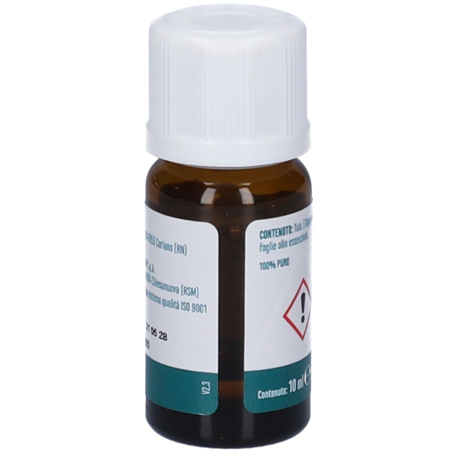 Flacone di vetro marrone con tappo bianco. Etichetta con informazioni produttore e simbolo di pericolo. '100% puro'. '10 ml'.