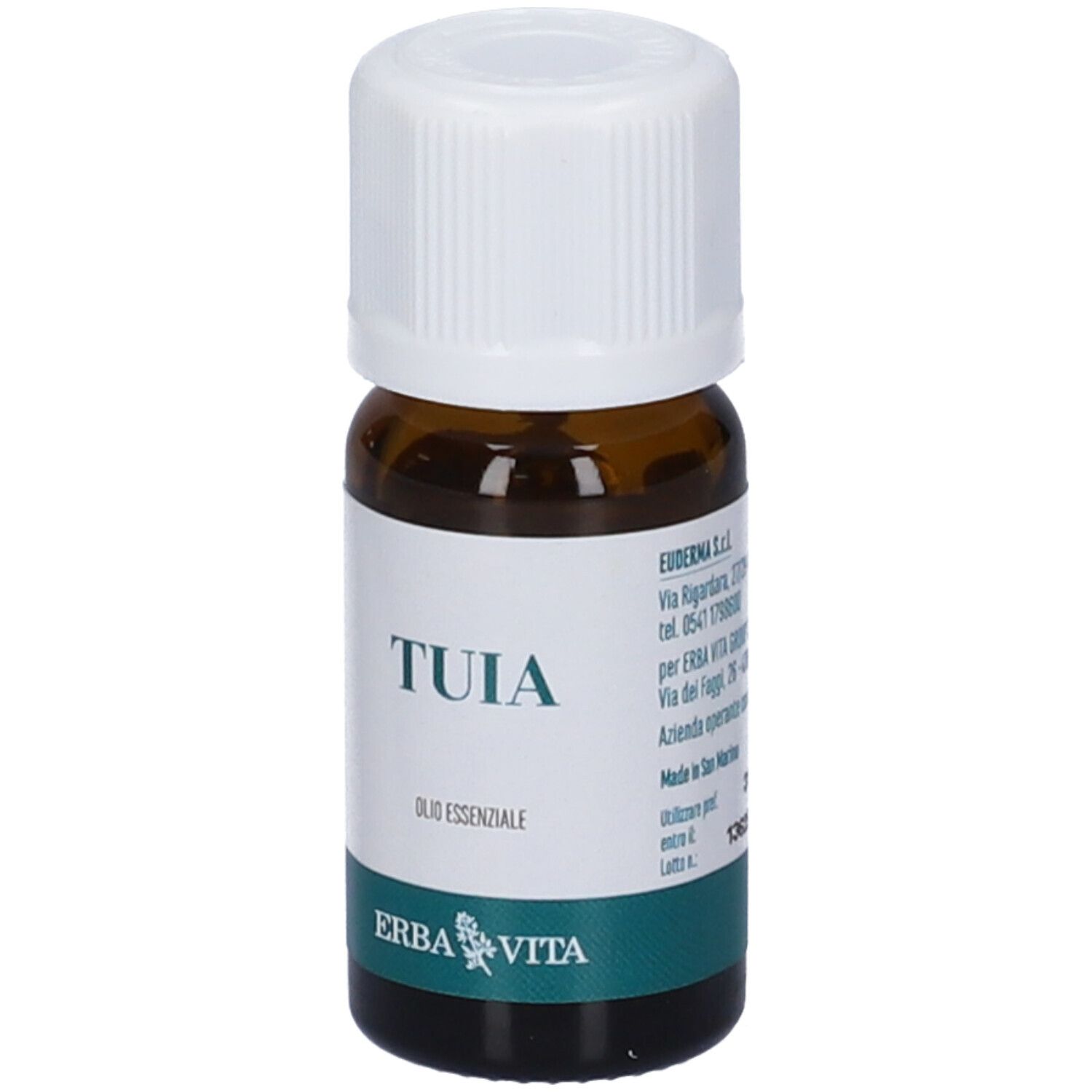 Flacone di vetro marrone con tappo bianco. Etichetta con 'TUIA', 'Olio Essenziale' e logo 'ERBA VITA'.