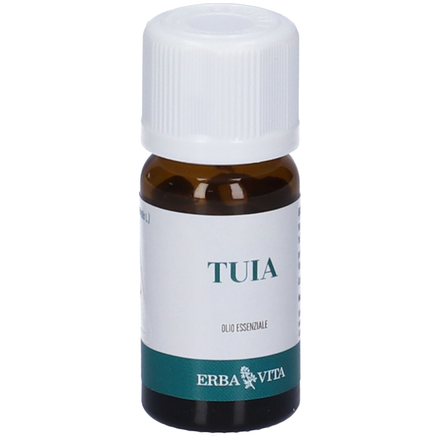 Flacone di vetro marrone con tappo bianco. Etichetta con 'TUIA', 'Olio Essenziale' e logo 'ERBA VITA'.
