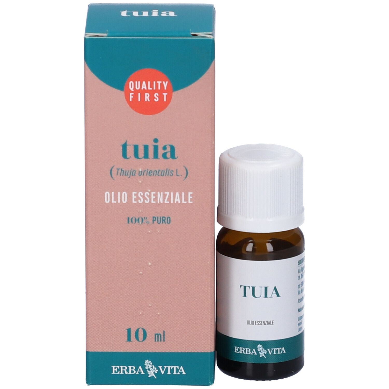Flacone di vetro marrone e confezione. Confezione con 'tuia', 'Olio Essenziale', '100% puro' e '10 ml'. Logo 'ERBA VITA'.