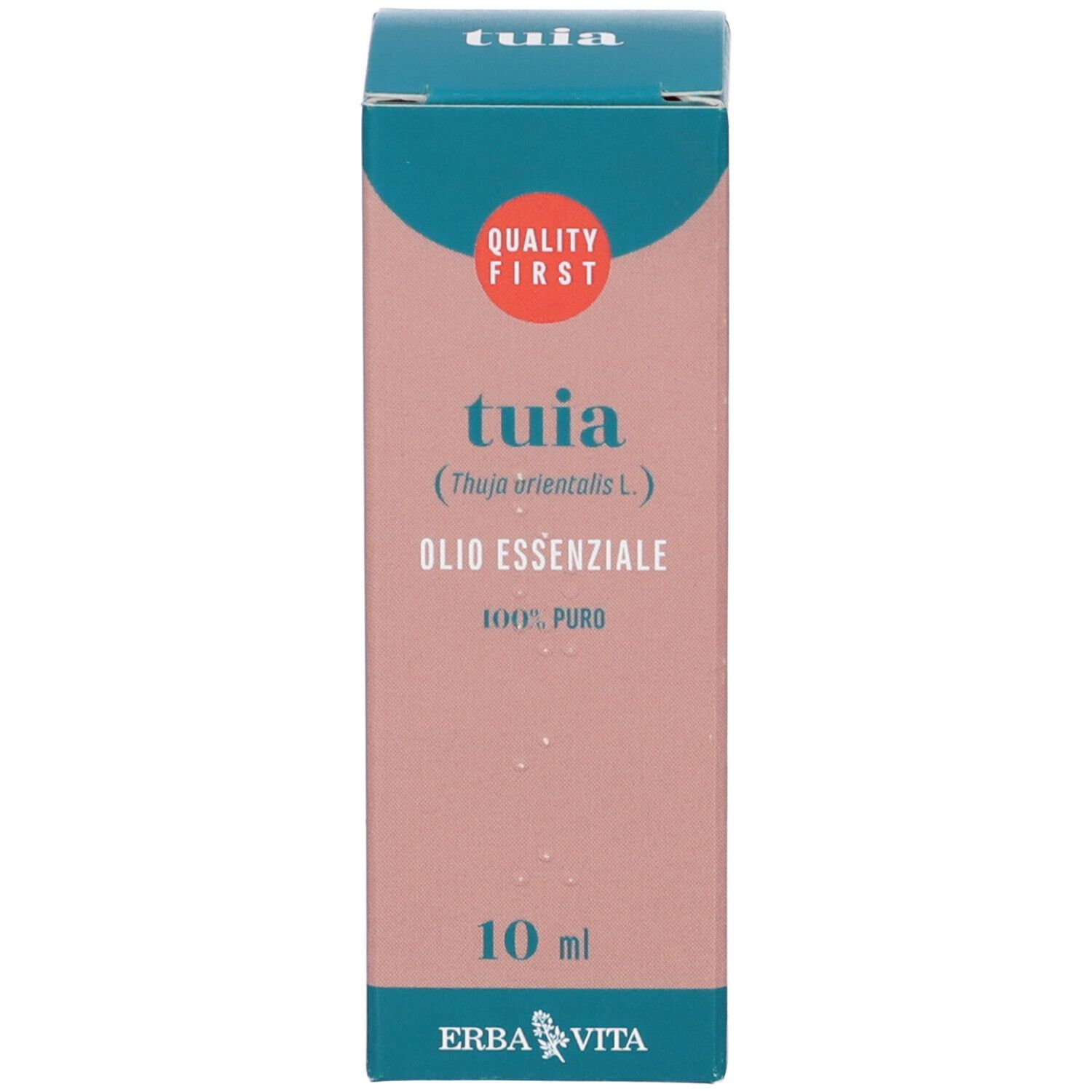 Confezione con 'tuia', 'Olio Essenziale', '100% puro' e '10 ml'. Logo 'ERBA VITA'. 'QUALITY FIRST'.