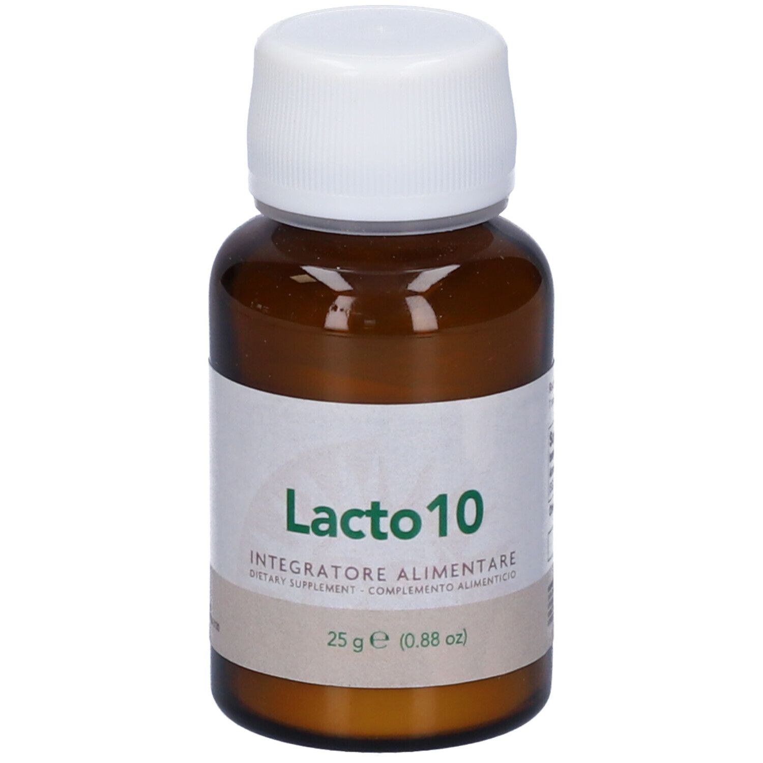 Flacone di vetro marrone con tappo bianco. L'etichetta riporta Lacto10. 25 g (0.88 oz).