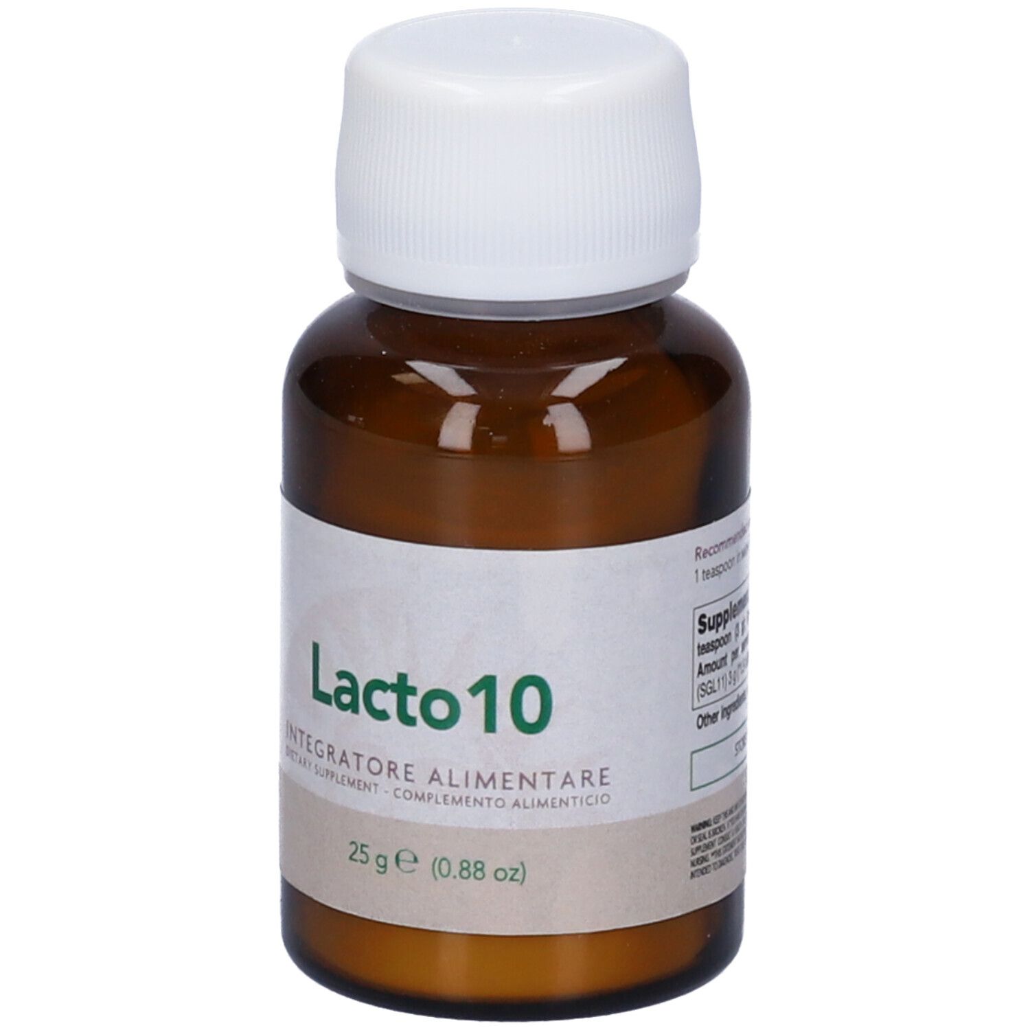 Flacone di vetro marrone con tappo bianco. L'etichetta riporta Lacto10. 25 g (0.88 oz).
