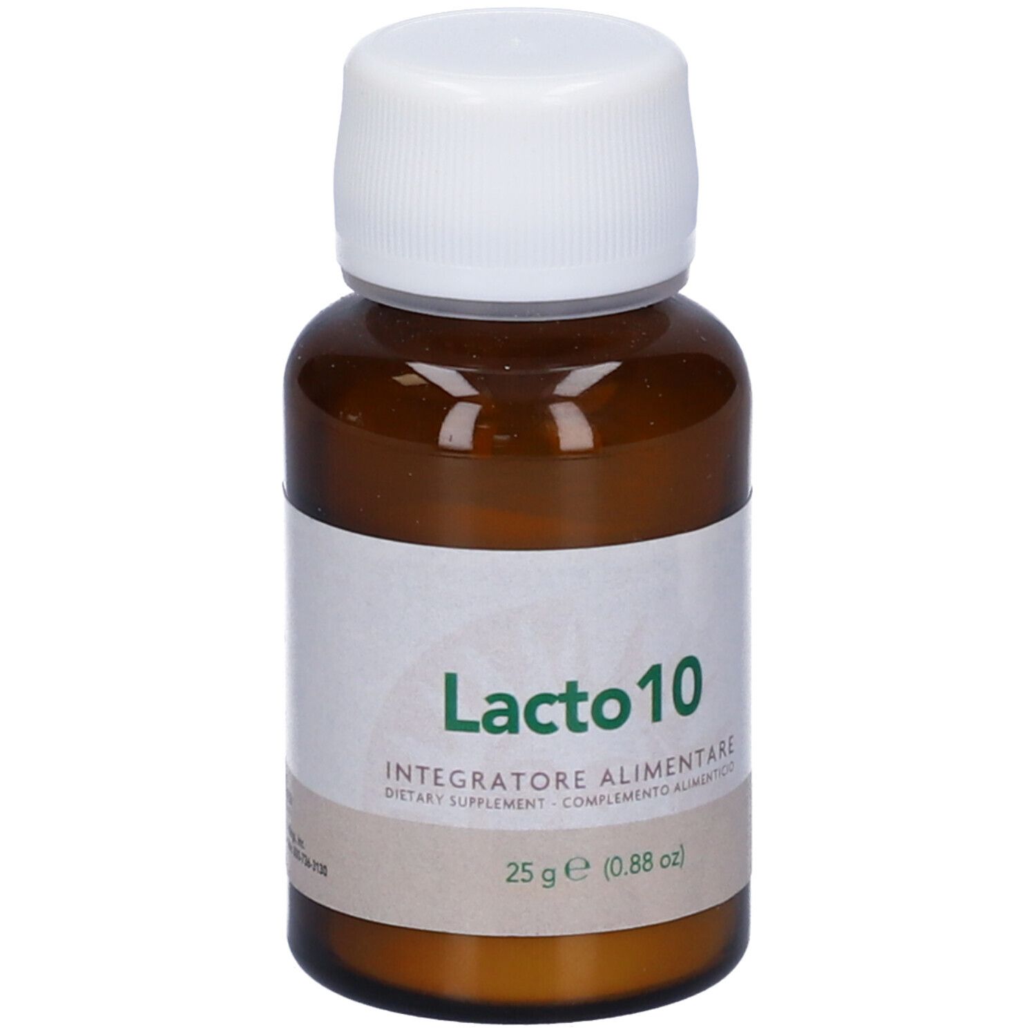Flacone di vetro marrone con tappo bianco. L'etichetta riporta Lacto10. 25 g (0.88 oz).