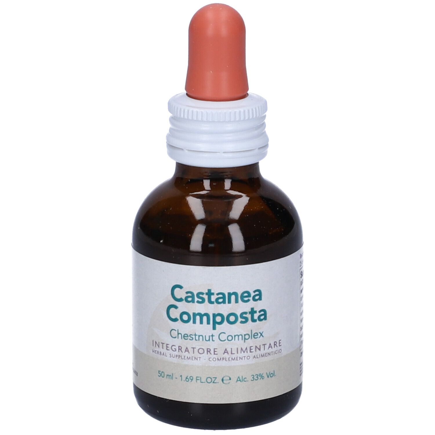 Flacone di vetro marrone con contagocce. L'etichetta riporta Castanea Composta, Chestnut Complex, Integratore Alimentare, 50 ml.