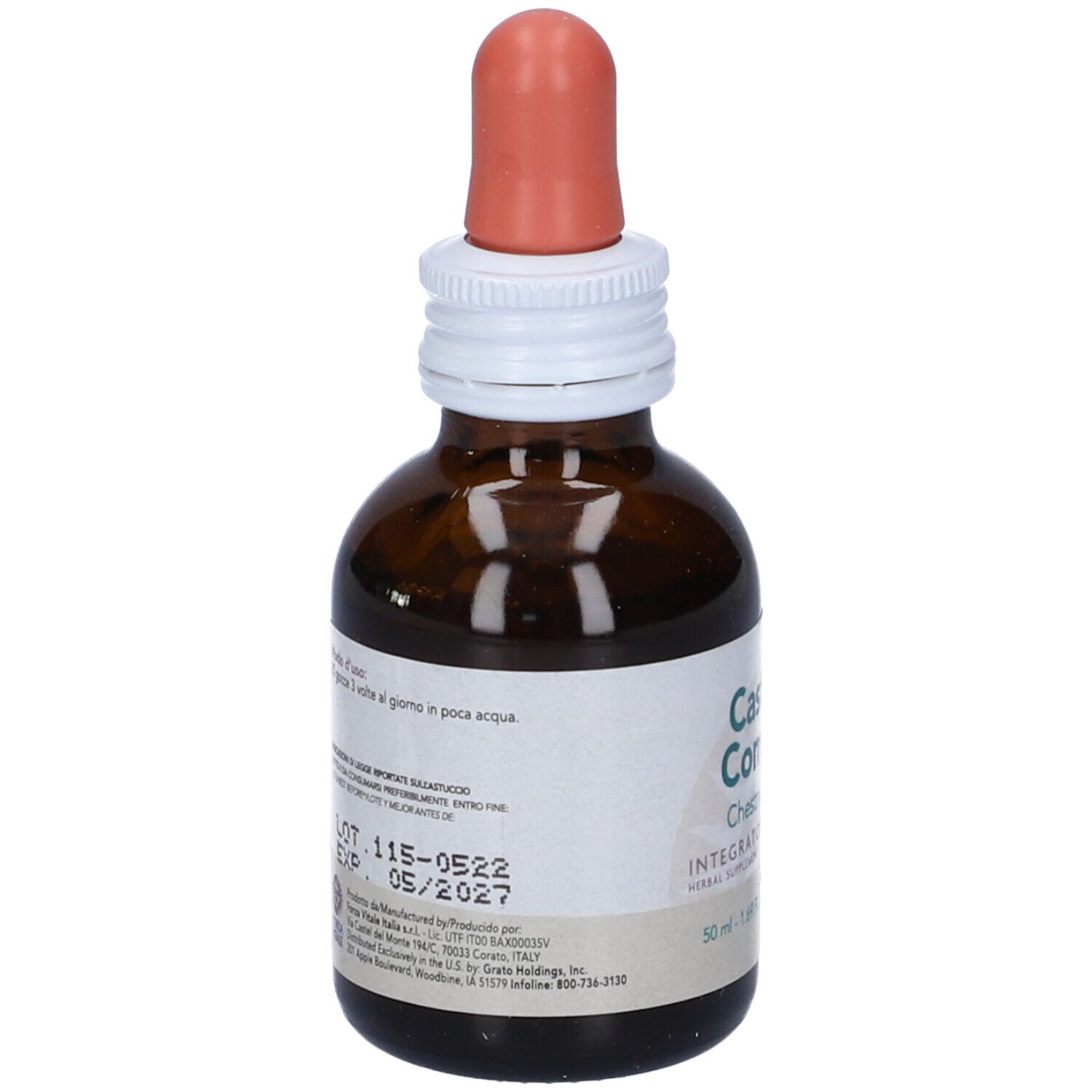 Flacone di vetro marrone con contagocce. L'etichetta riporta Castanea Composta, Chestnut Complex, Integratore Alimentare, 50 ml. Con testo.