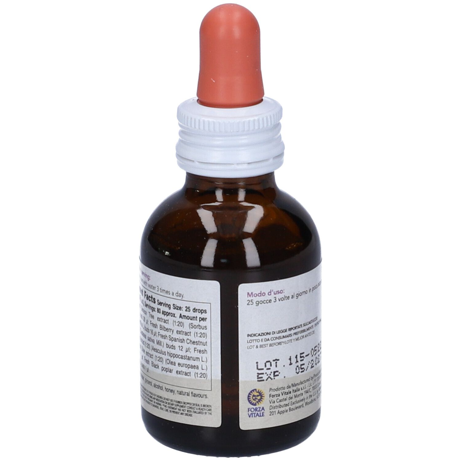 Flacone di vetro marrone con contagocce. L'etichetta riporta Castanea Composta, Chestnut Complex, Integratore Alimentare, 50 ml. Con testo.