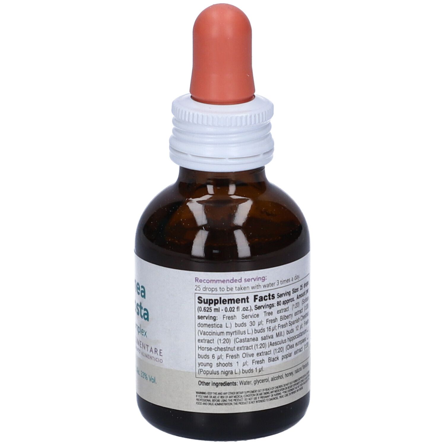 Flacone di vetro marrone con contagocce. L'etichetta riporta Castanea Composta, Chestnut Complex, Integratore Alimentare, 50 ml. Con testo.