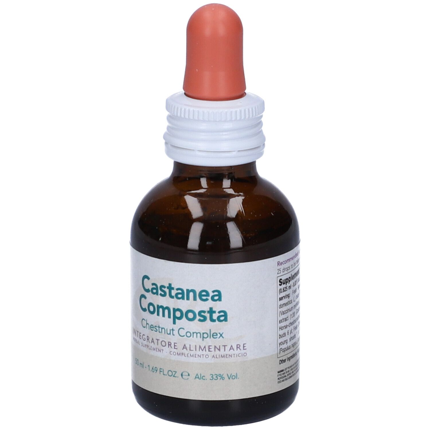 Flacone di vetro marrone con contagocce. L'etichetta riporta Castanea Composta, Chestnut Complex, Integratore Alimentare, 50 ml. Con testo.