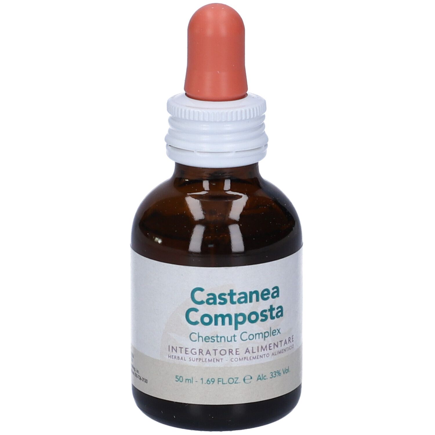 Flacone di vetro marrone con contagocce. L'etichetta riporta Castanea Composta, Chestnut Complex, Integratore Alimentare, 50 ml. Con testo.