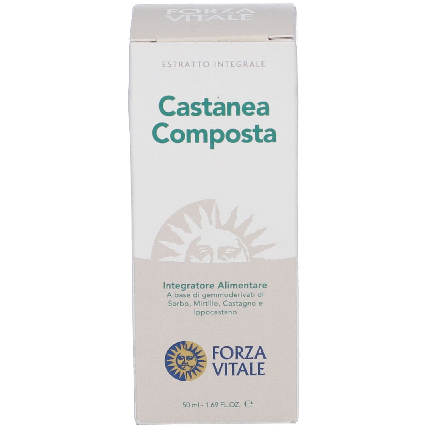 Scatola con scritta Castanea Composta. Sotto, logo Forza Vitale. Scritta: Integratore Alimentare.