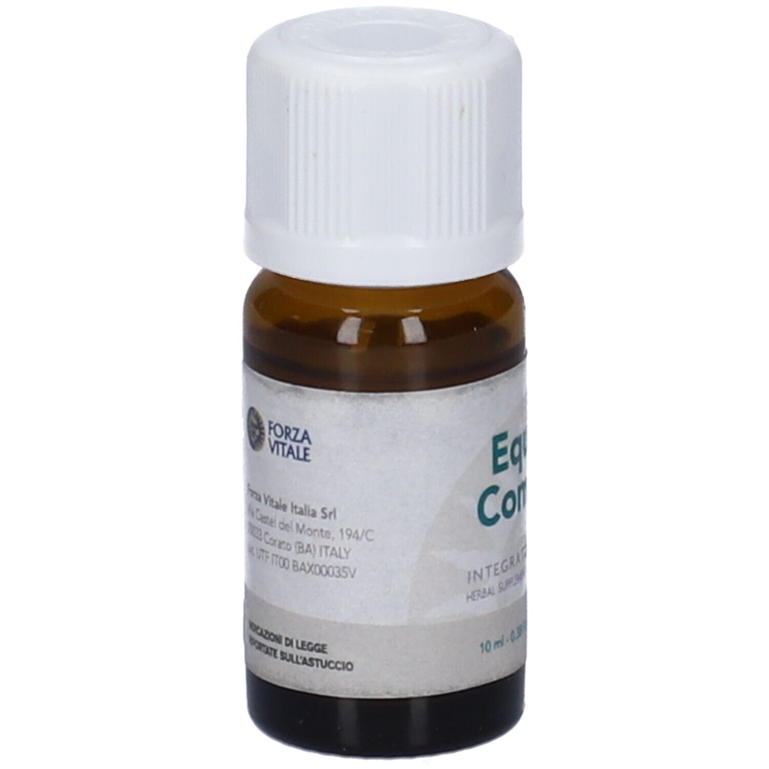 Flacone marrone con tappo bianco. Etichetta "Forza Vitale". Testo: Equiseto Composto. Integratore Alimentare.