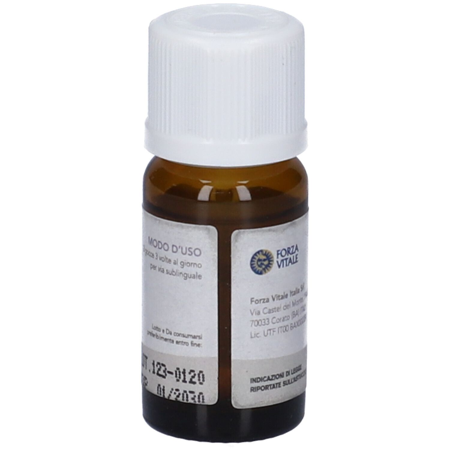 Flacone marrone con tappo bianco. Etichetta con testo. Testo: Modo d'uso. Data di scadenza.