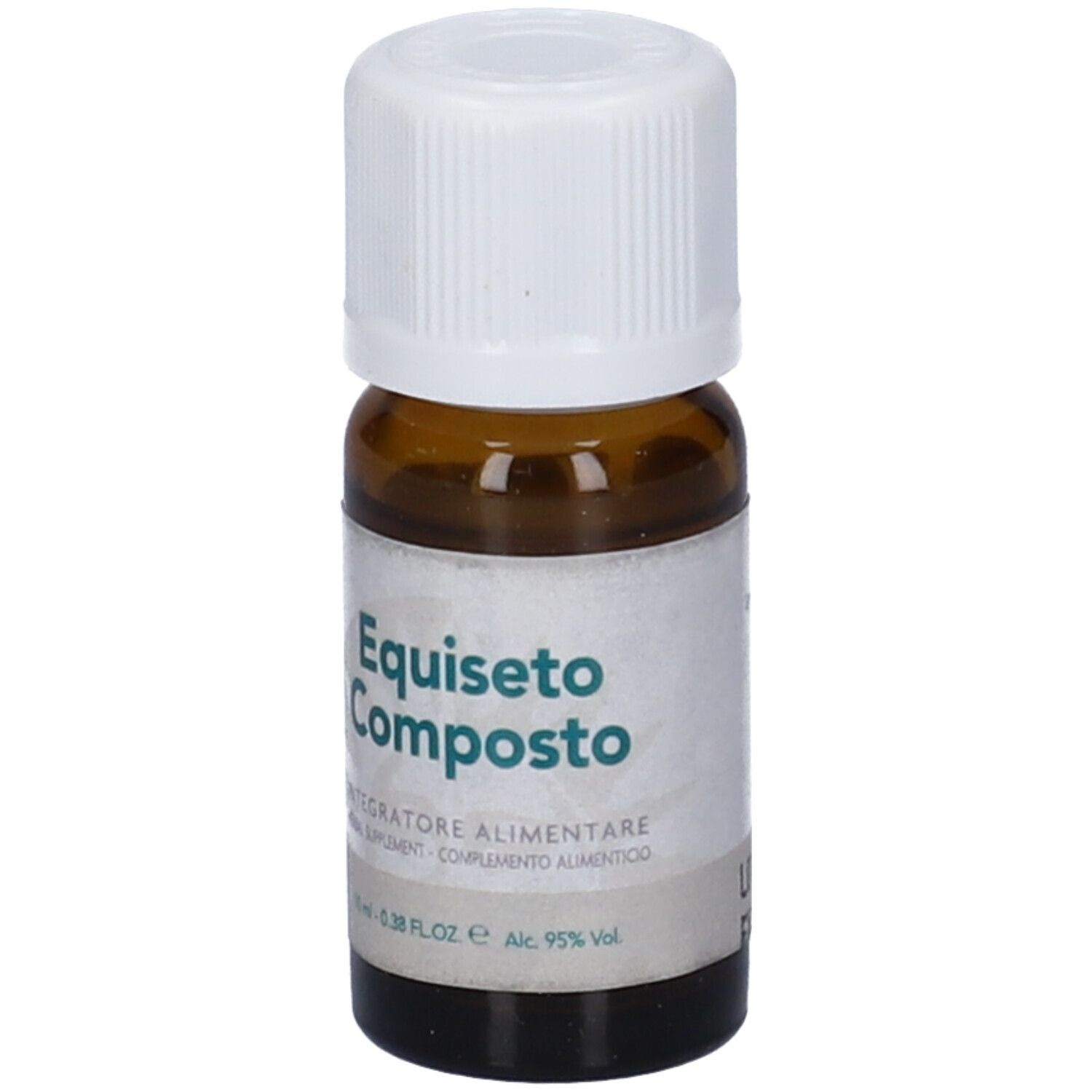 Flacone di vetro marrone con tappo bianco. Etichetta "Equiseto Composto". Testo: Integratore Alimentare. 10 ml.
