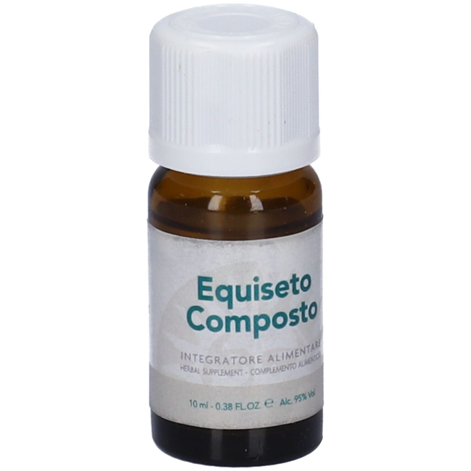 Flacone di vetro marrone con tappo bianco. Etichetta "Equiseto Composto". Testo: Integratore Alimentare. 10 ml.