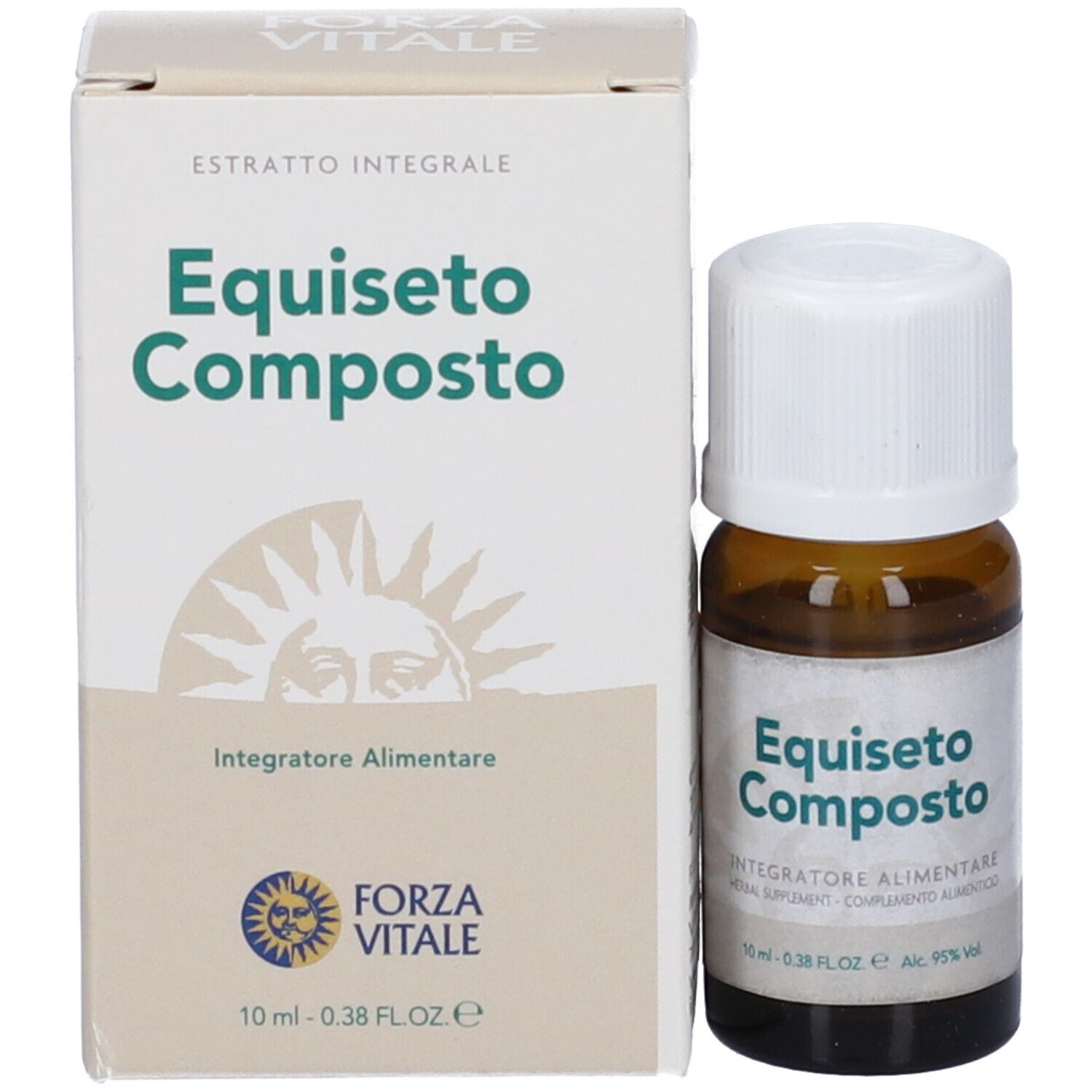 Flacone marrone e scatola. Scatola con "Equiseto Composto". Testo: Integratore Alimentare. Logo Forza Vitale.