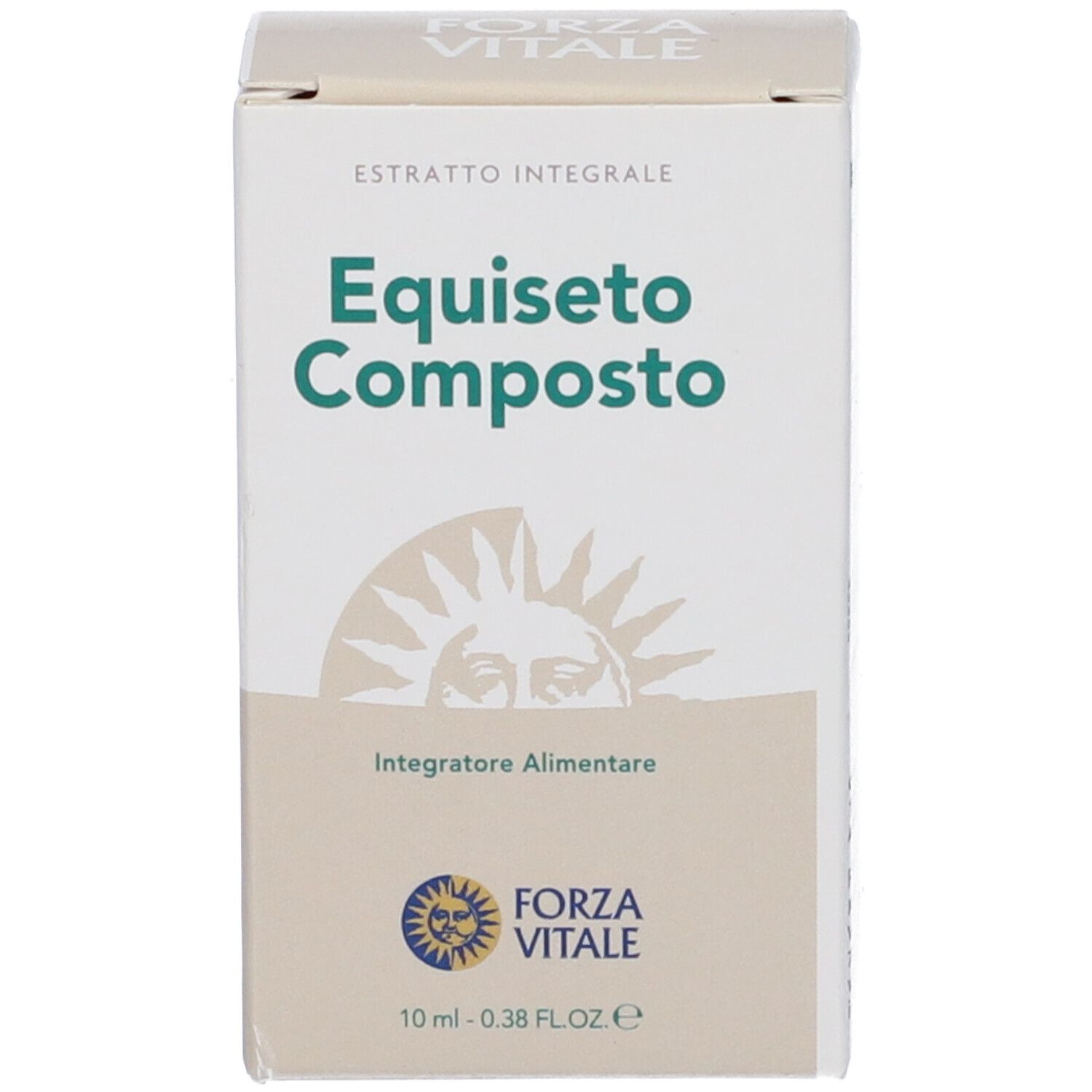 Scatola con "Equiseto Composto". Testo: Integratore Alimentare. Logo Forza Vitale. 10 ml.