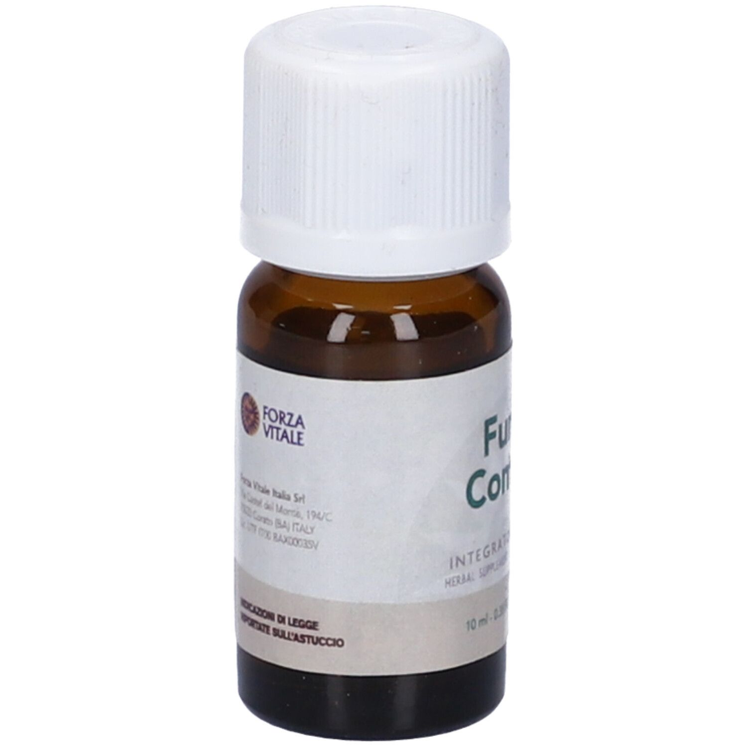 Flacone di vetro marrone con tappo bianco. Scritta: Fumaria Composta. Logo Forza Vitale.