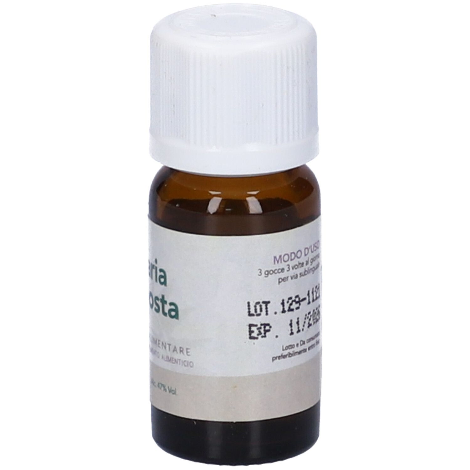 Flacone di vetro marrone con tappo bianco. Scritta: Fumaria Composta. Informazioni sull'uso e scadenza.