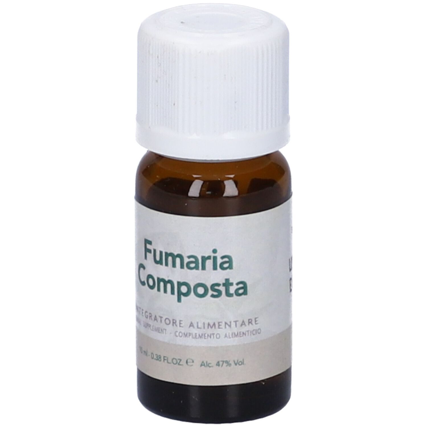 Flacone di vetro marrone con tappo bianco. Scritta: Fumaria Composta. Etichetta con informazioni sul prodotto.