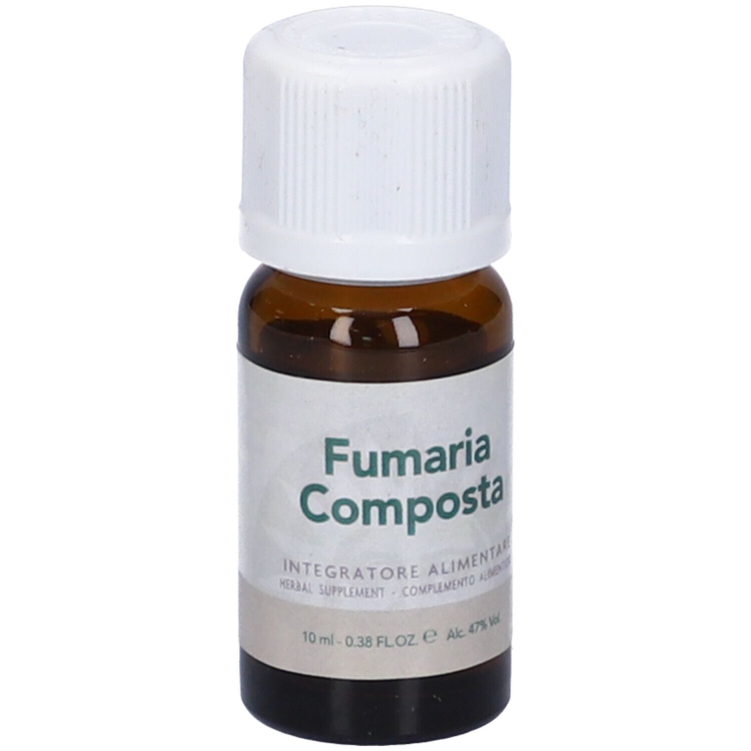 Flacone di vetro marrone con tappo bianco. Scritta: Fumaria Composta. Etichetta con informazioni sul prodotto.