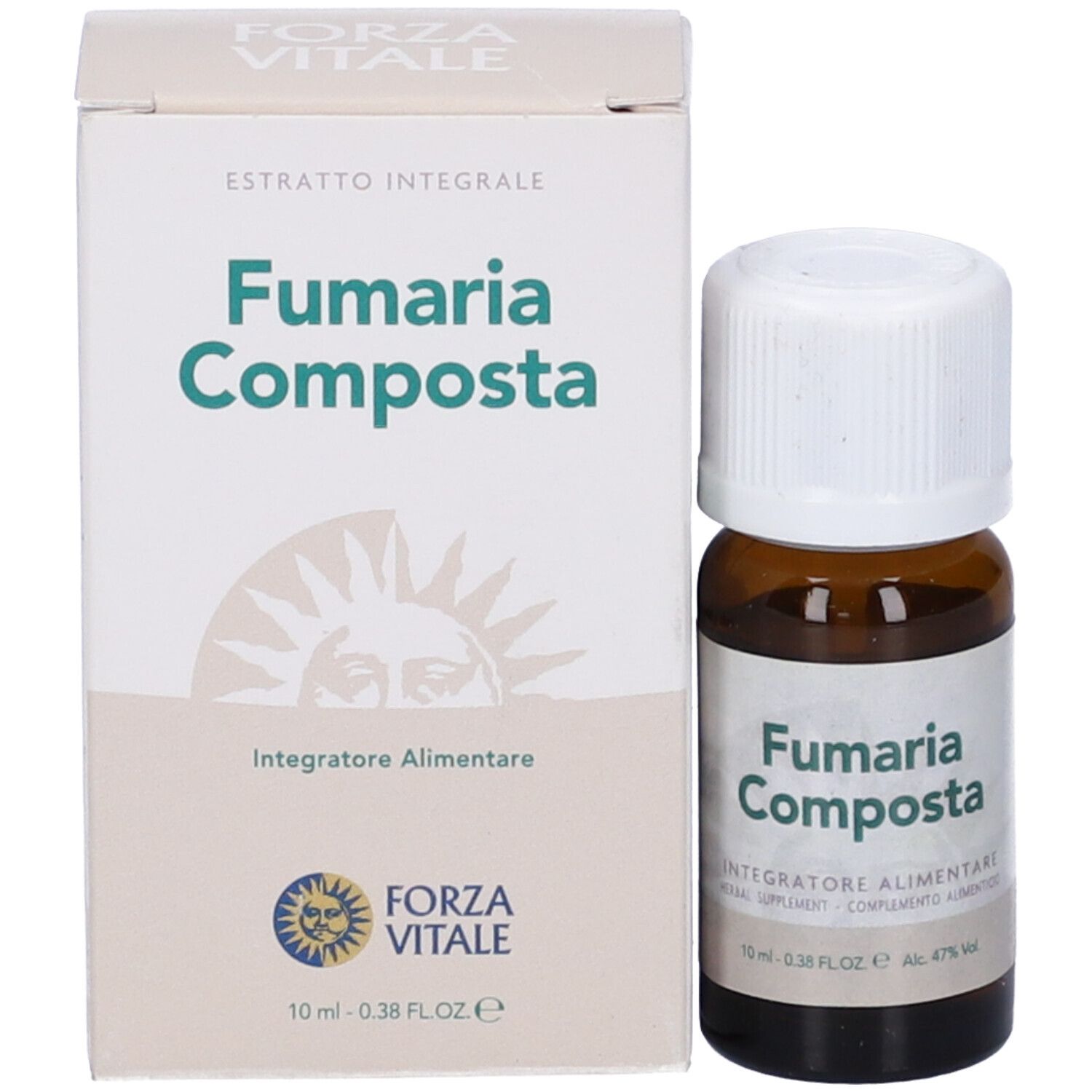 Flacone di vetro marrone e confezione. Scritta: Fumaria Composta. Logo Forza Vitale. Informazioni sul prodotto.