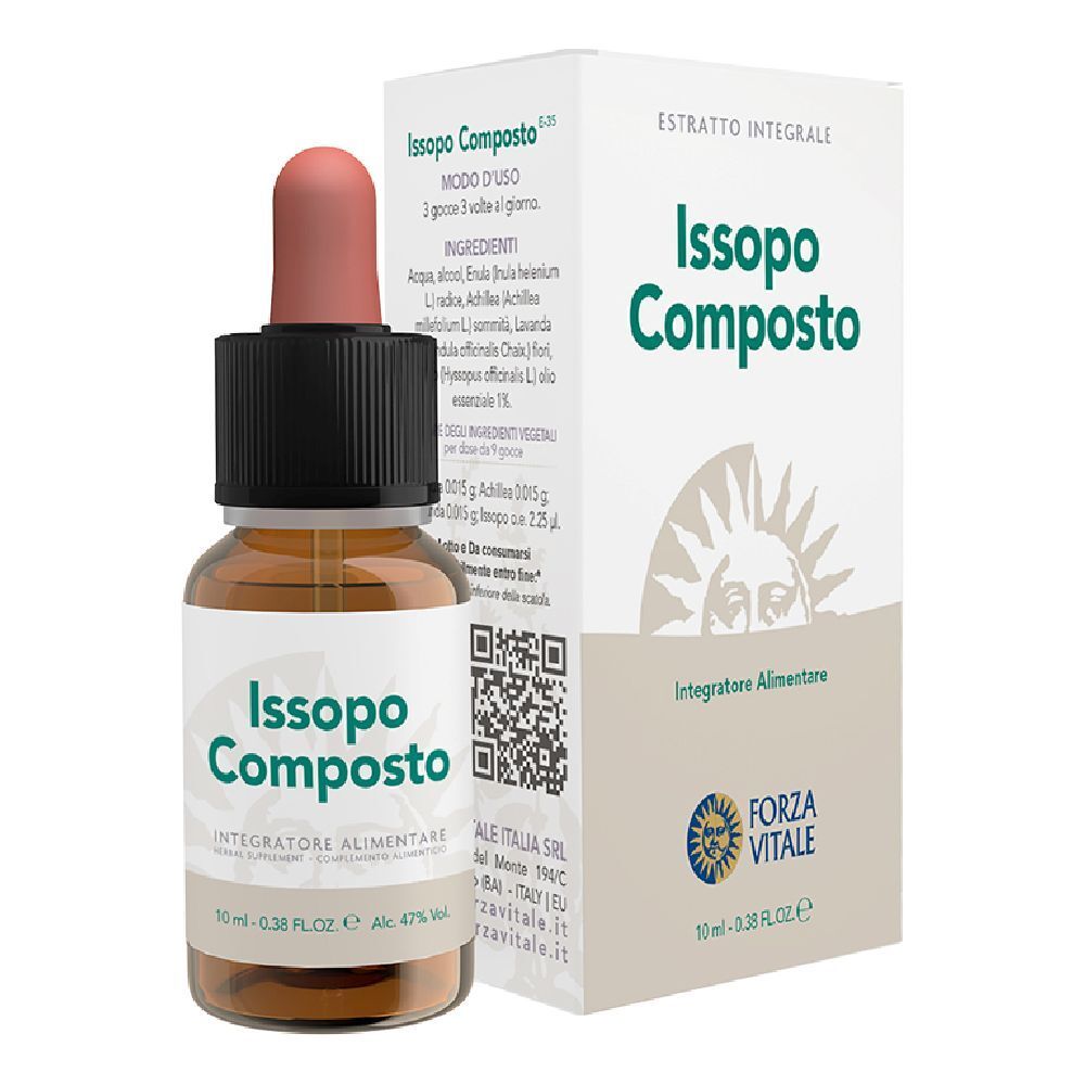 Flacone di vetro marrone con contagocce e confezione bianca. Scritta: Issopo Composto. Marchio: Forza Vitale.
