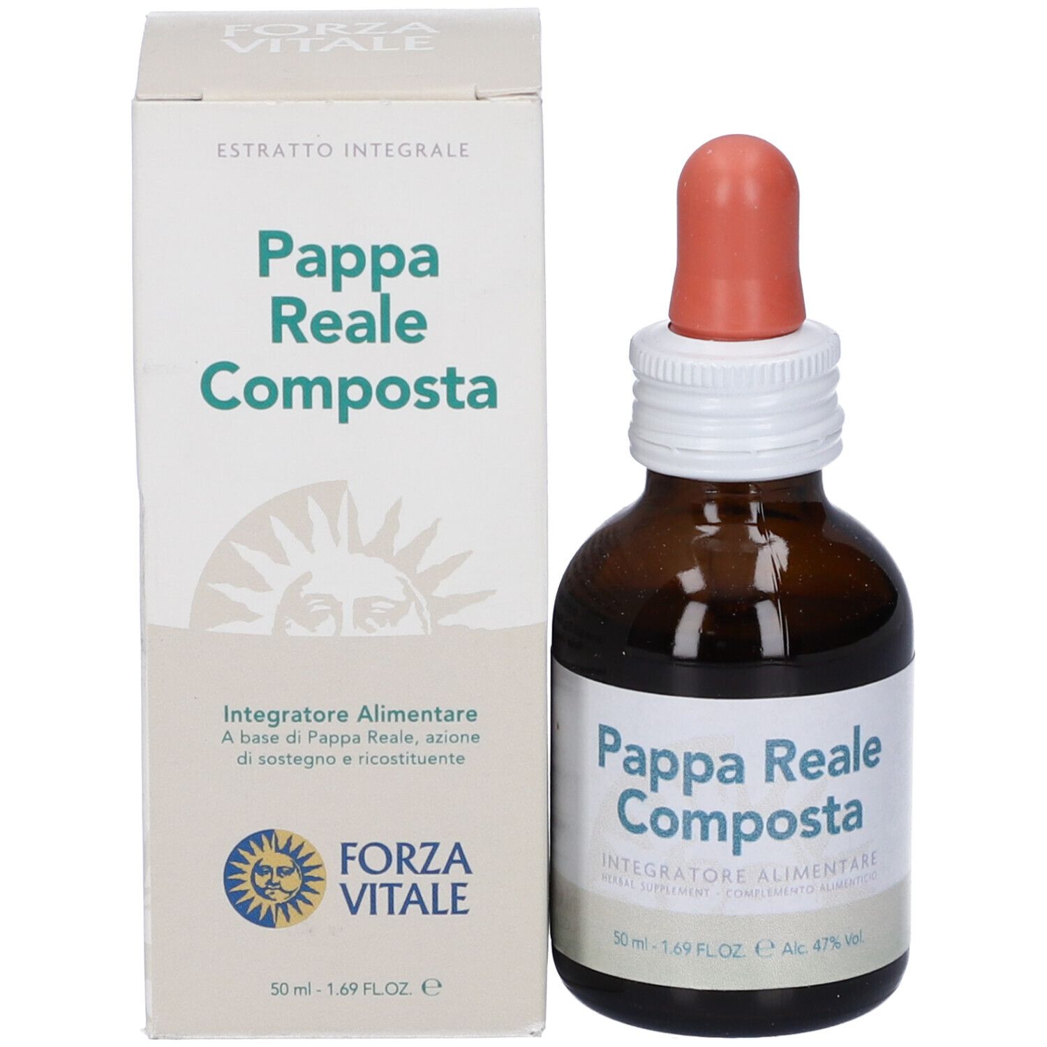 Flacone marrone con contagocce e scatola. Scritta: Pappa Reale Composta. Logo Forza Vitale. Etichetta.