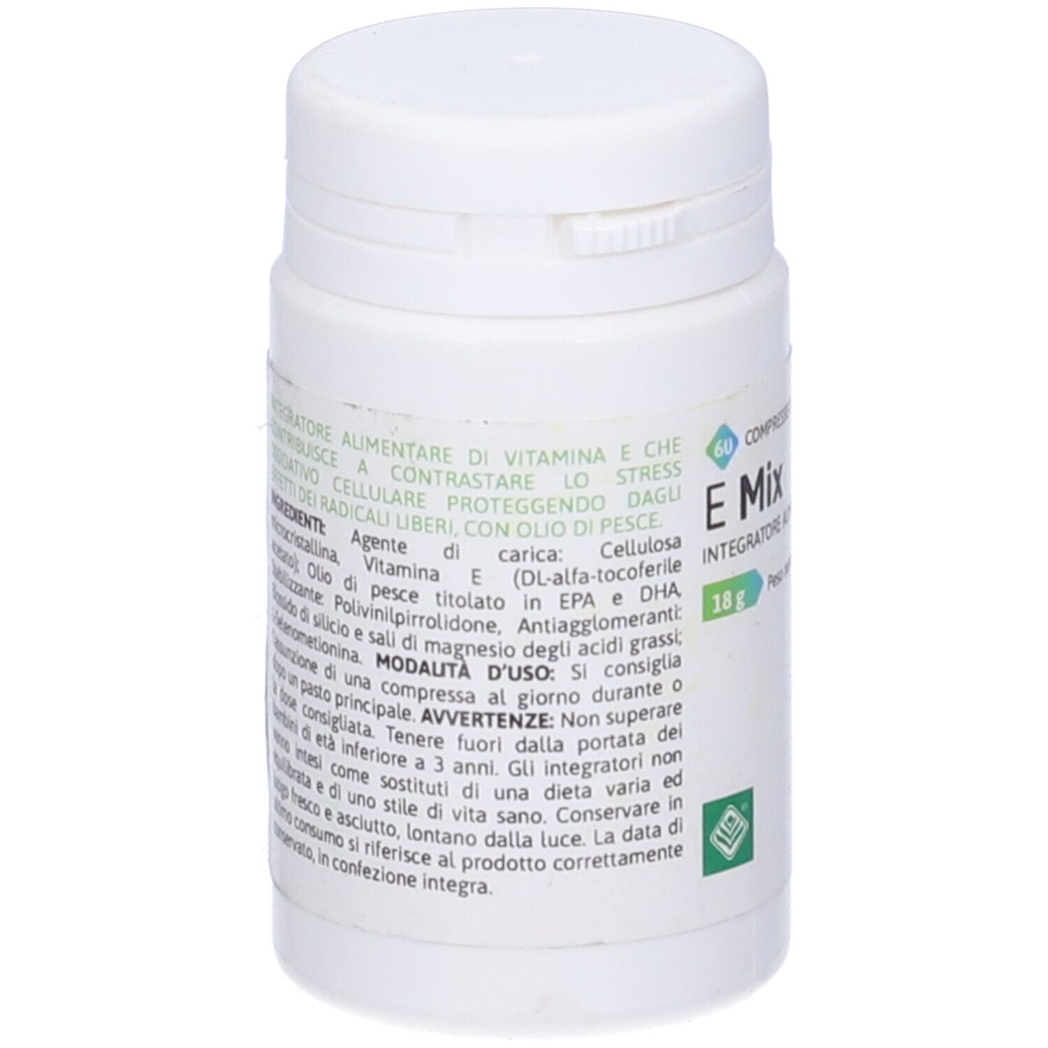 Flacone bianco con testo. Elenco ingredienti e istruzioni per l'uso. Logo verde in basso a sinistra. Coperchio in alto.