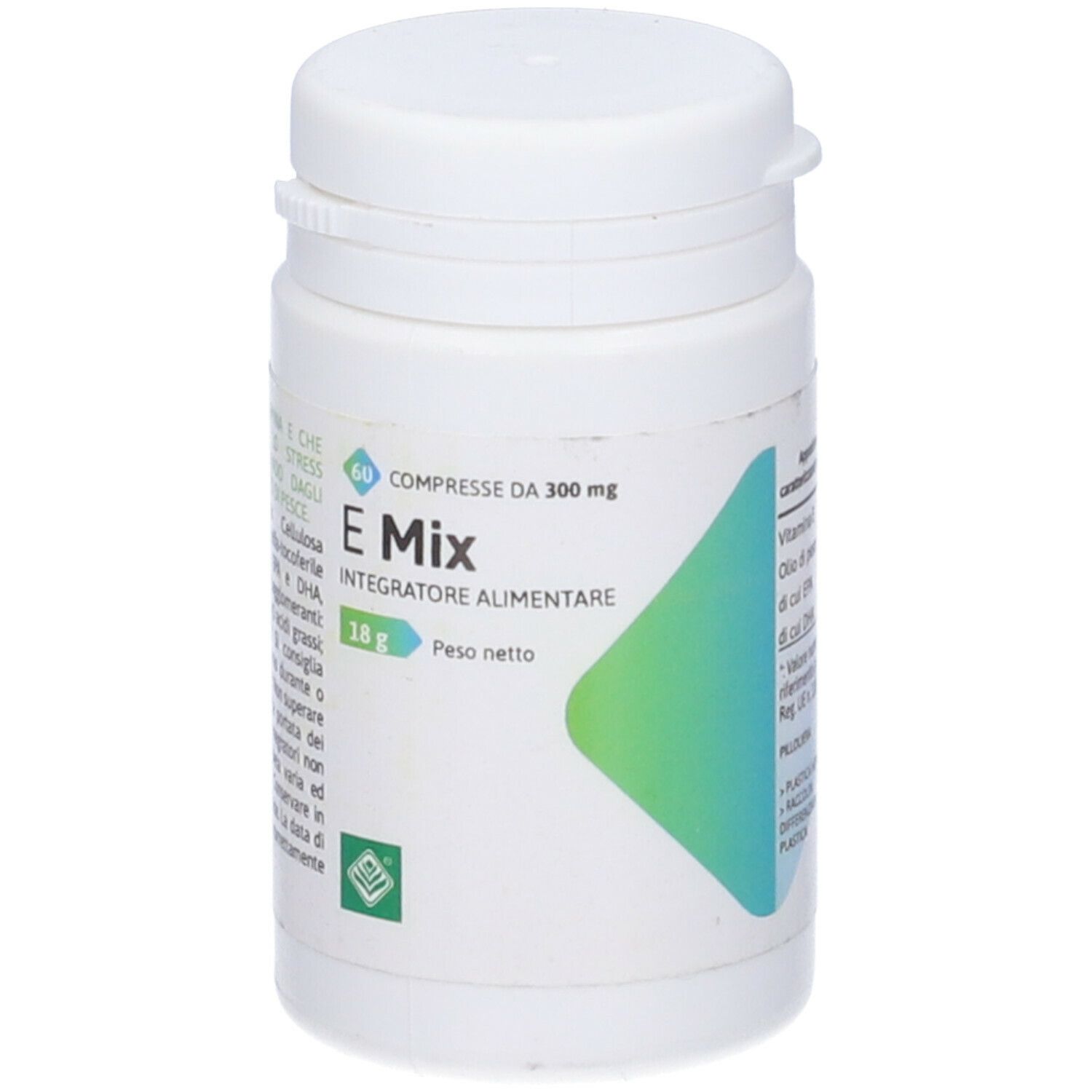 Flacone bianco con etichetta verde e blu. Scritta: E Mix, 60 compresse, 300 mg. Integratore alimentare. Peso netto 18 g.