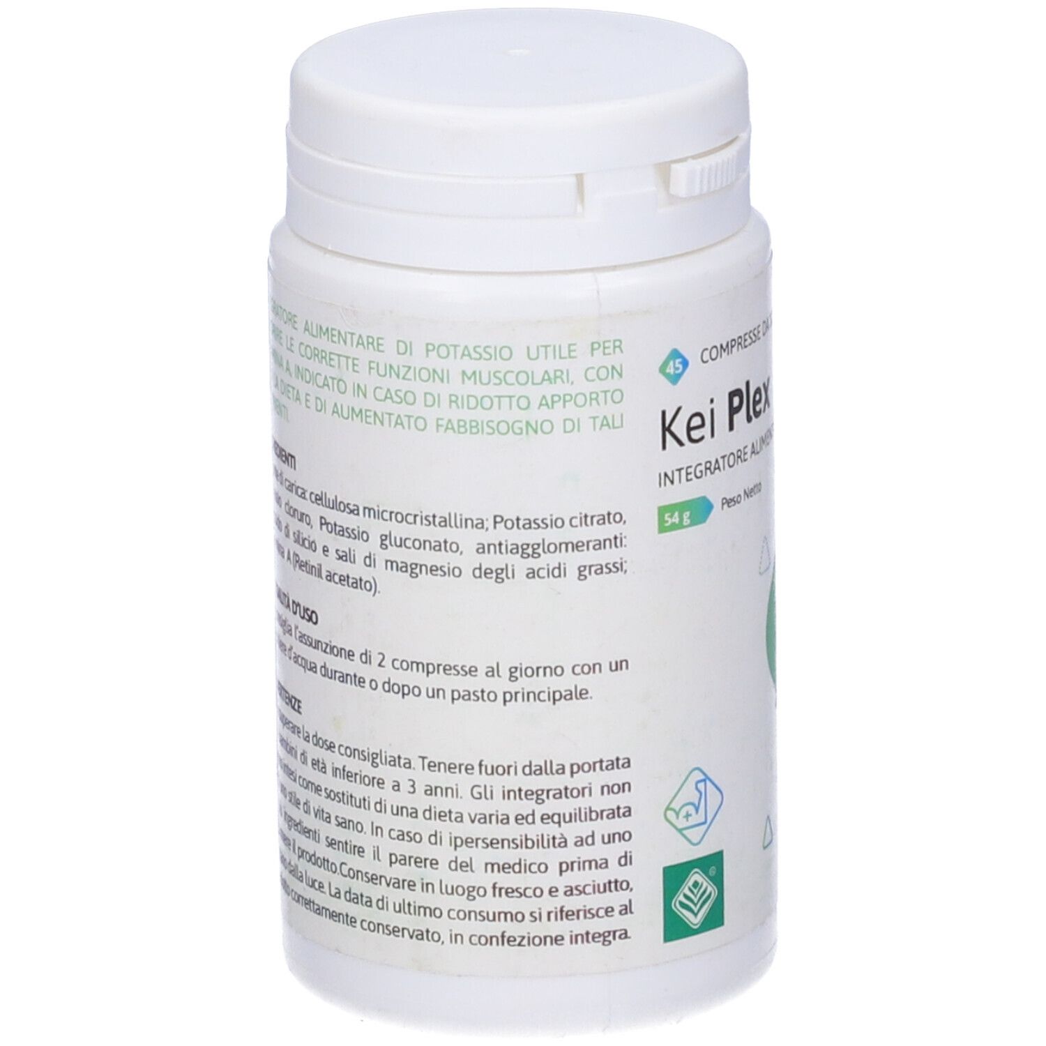 Flacone bianco. Testo: 'Kei Plex'. Elenco ingredienti. Retro con testo. Coperchio in alto.