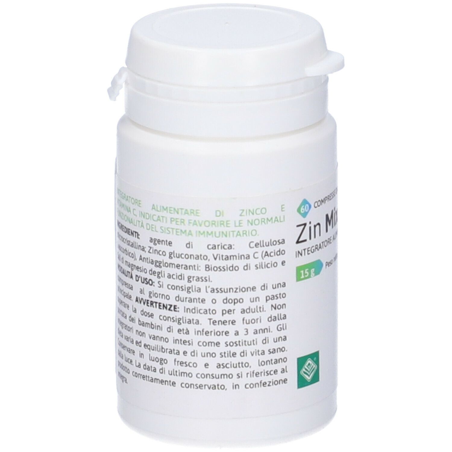 Flacone bianco con etichetta verde. Scritta: Zin Mix, 60 compresse. Integratore alimentare. Contiene ingredienti.