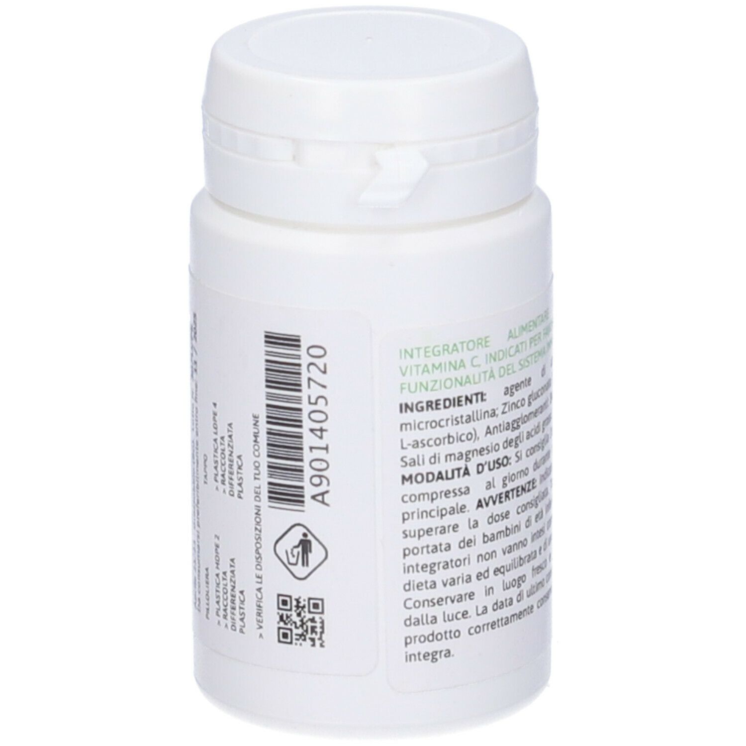 Flacone bianco con etichetta. Scritta: A901405720. Codice QR e simbolo di riciclaggio. Contiene informazioni sugli ingredienti.
