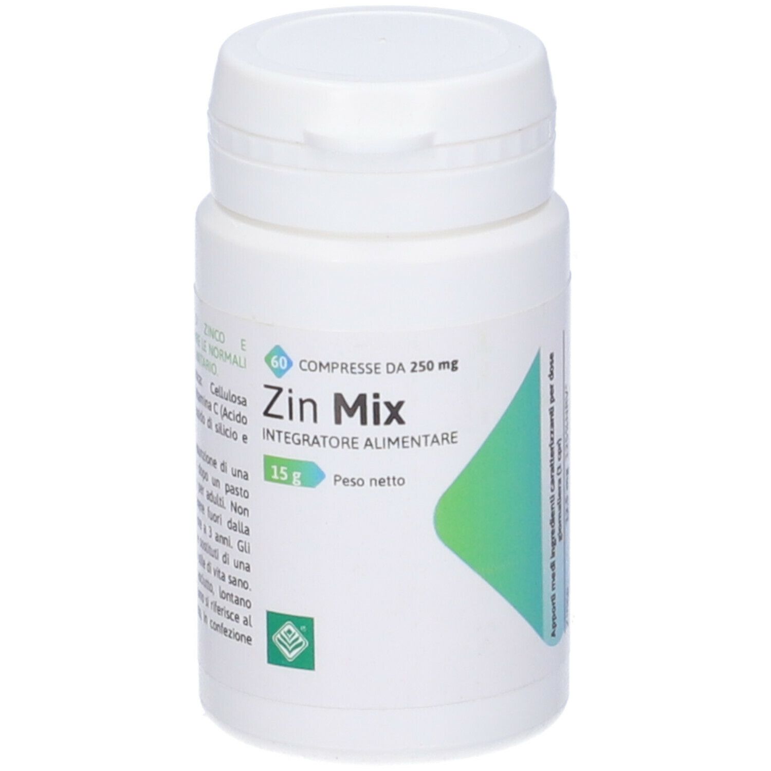 Flacone bianco con etichetta verde. Scritta: Zin Mix, 60 compresse da 250 mg. Integratore alimentare.