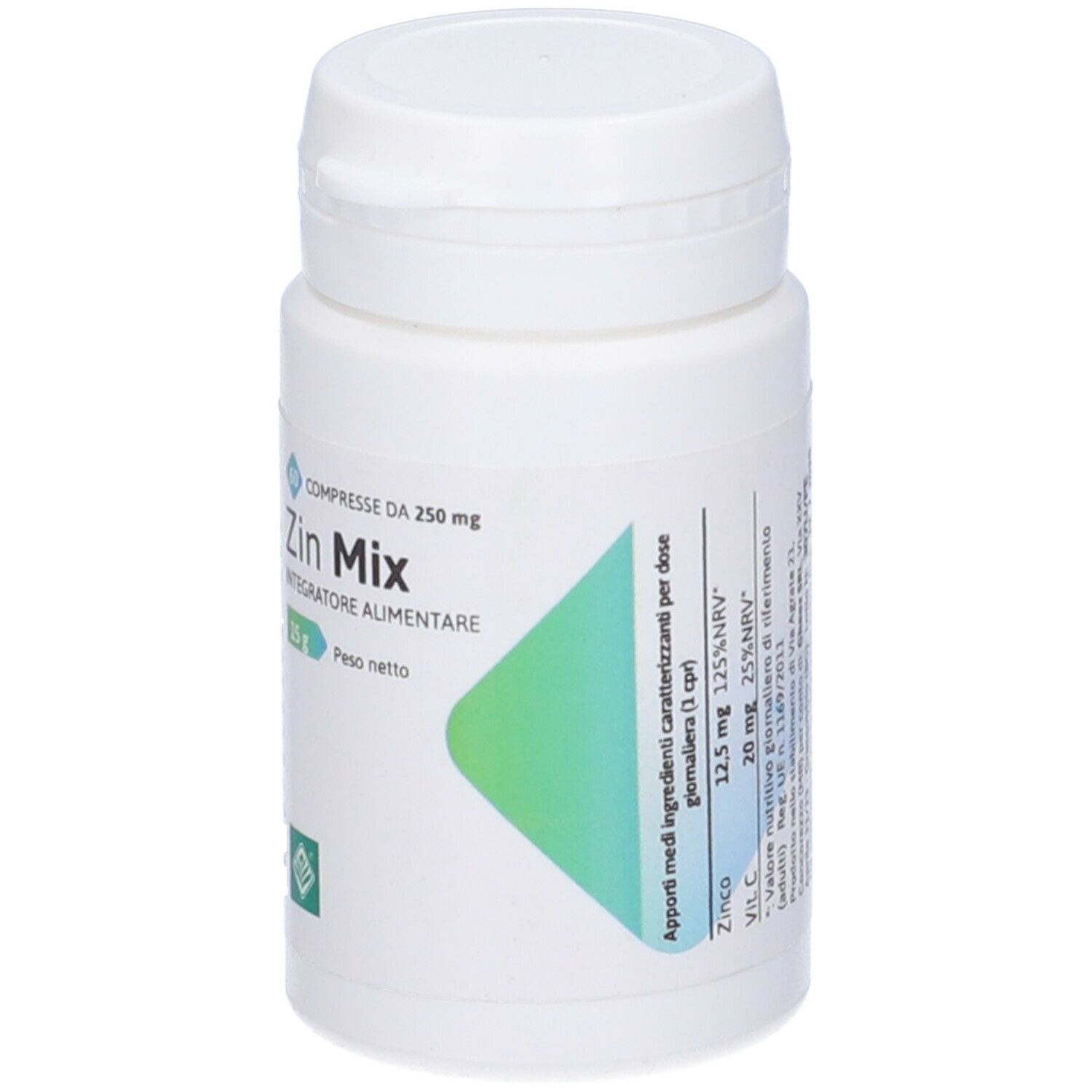Flacone bianco con etichetta verde. Scritta: Zin Mix, Integratore Alimentare. Contiene zinco e vitamina C.