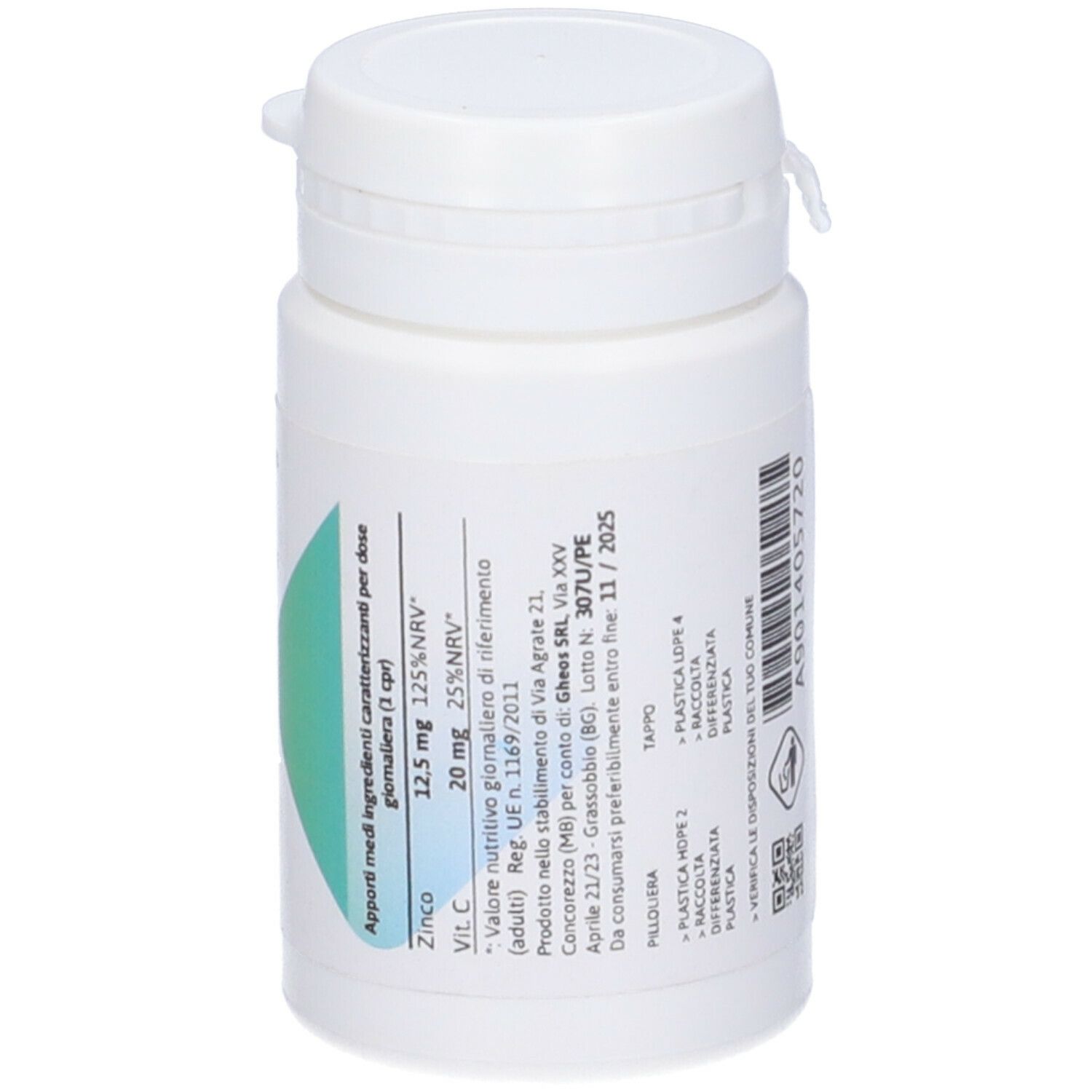 Flacone bianco con etichetta verde. Contiene informazioni su ingredienti, valori nutrizionali, produttore e data di scadenza.