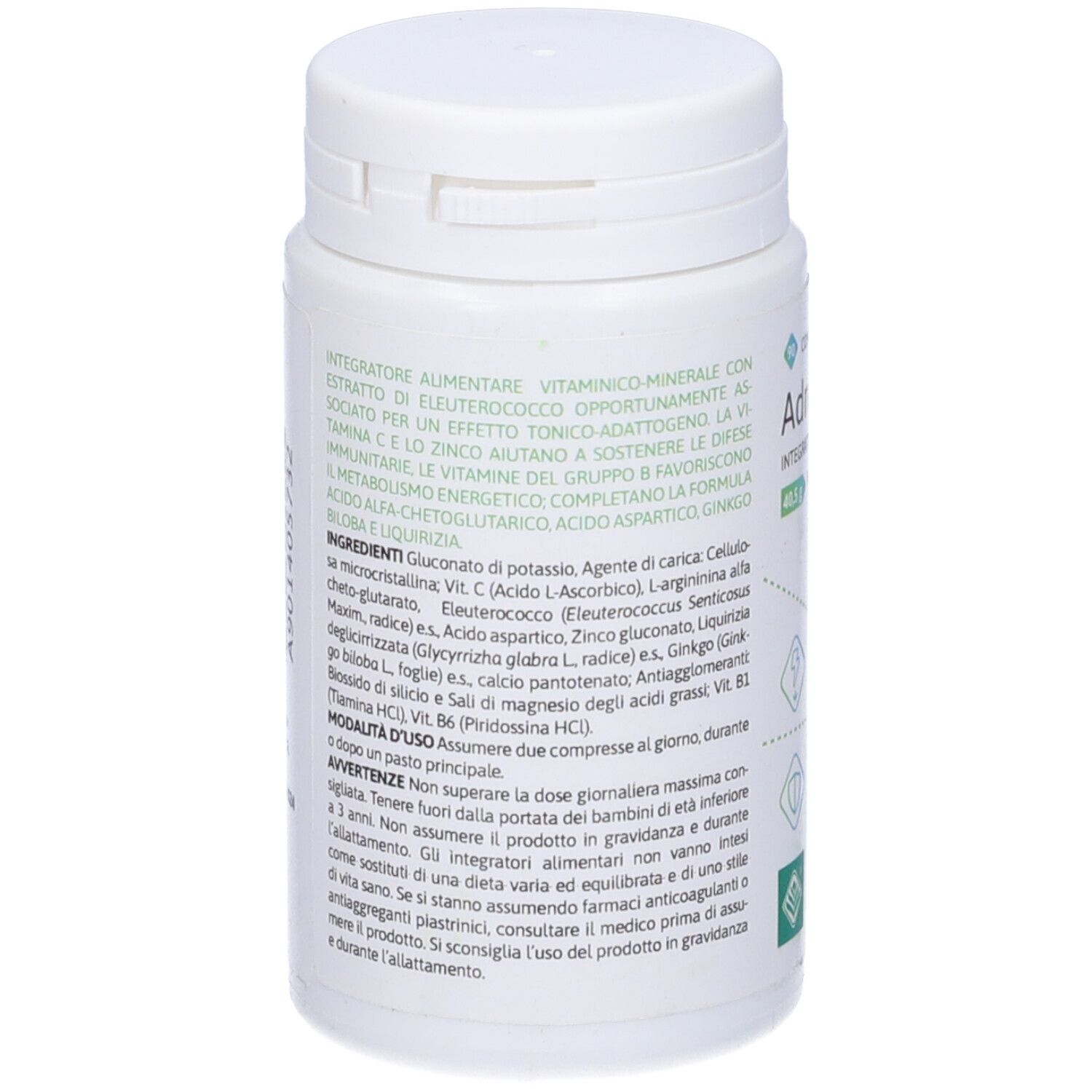 Flacone bianco con testo. Elenco ingredienti, istruzioni per l'uso e avvertenze. Retro del prodotto.