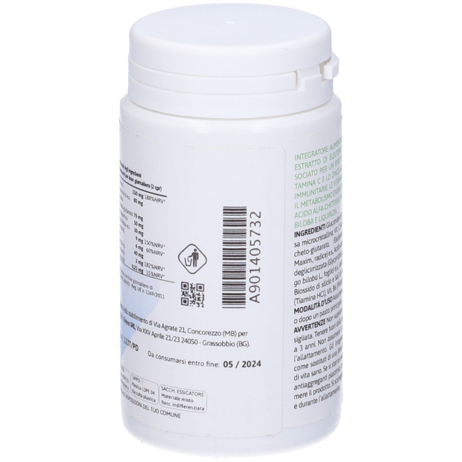 Flacone bianco con testo e codice a barre. Informazioni produttore e data di scadenza. Vista posteriore.