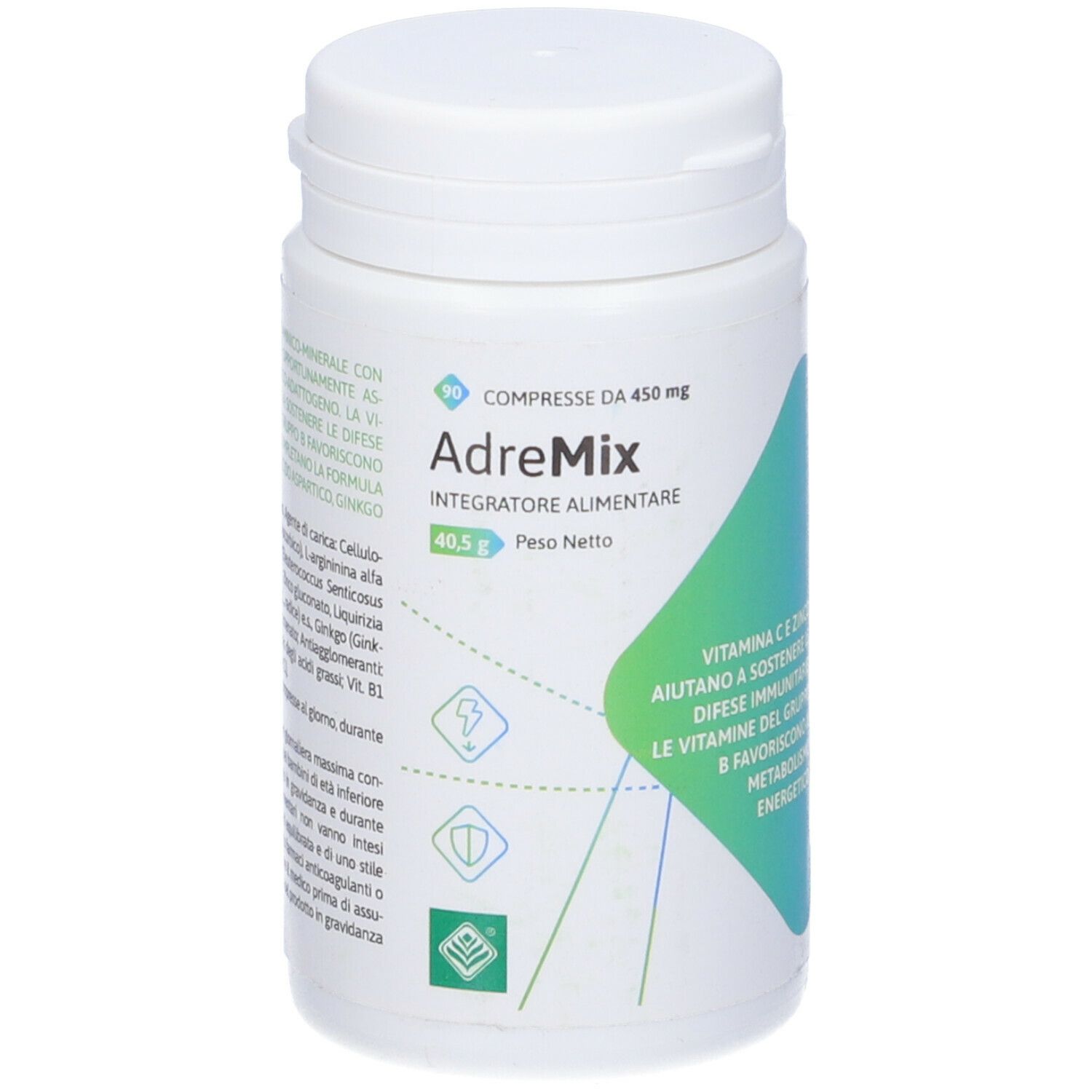 Flacone bianco con etichetta verde. Scritta: AdreMix, 90 compresse, 40,5 g. Contiene vitamina C, zinco e vitamine B.