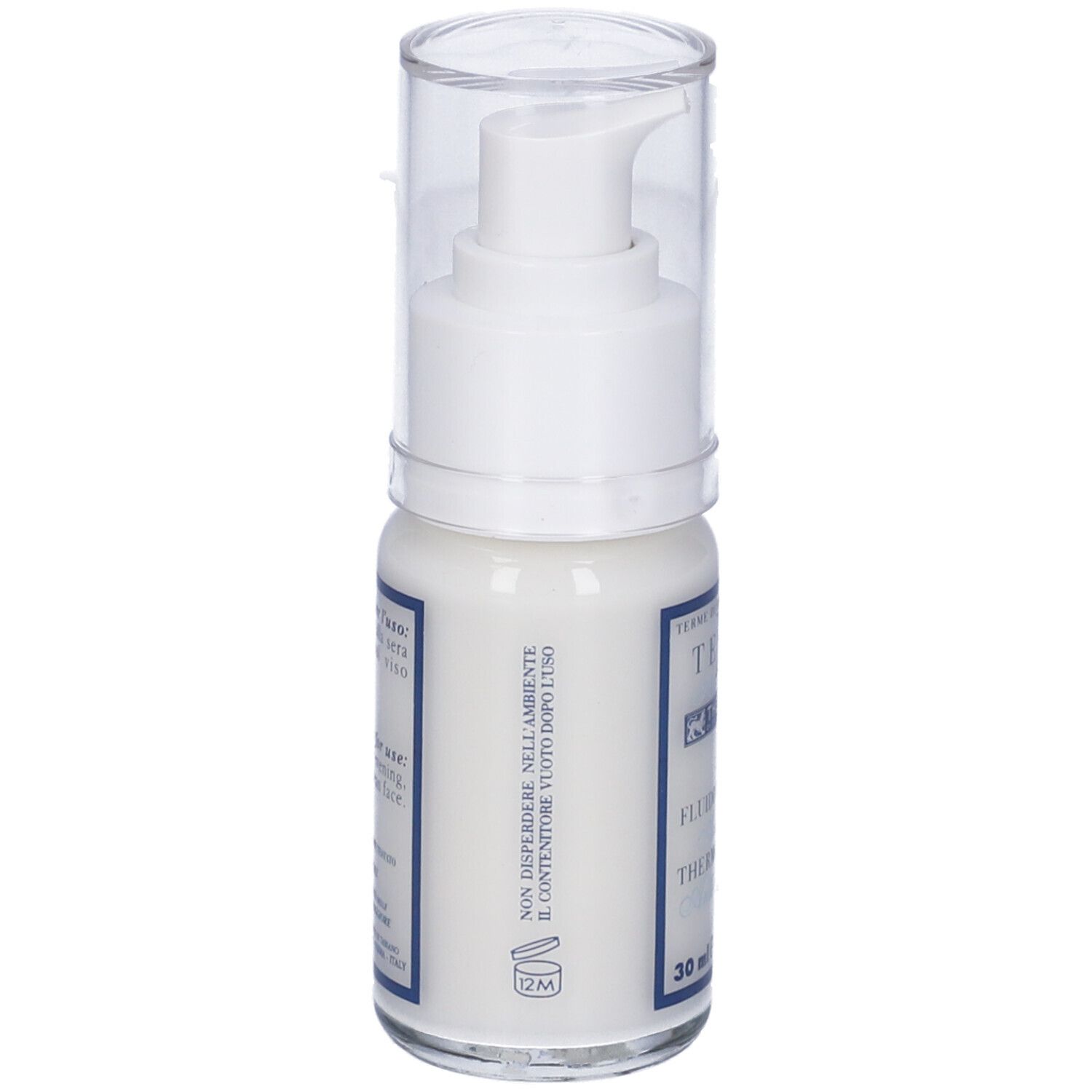 Flacone bianco con coperchio trasparente. Scritta blu. Nome prodotto e volume.