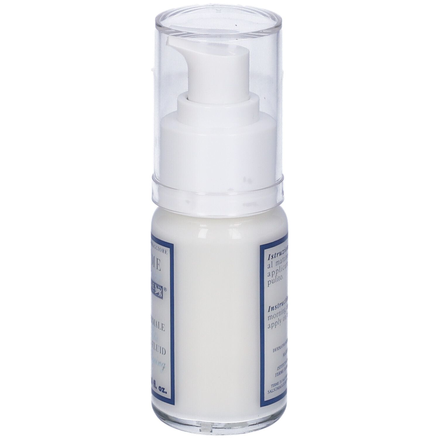 Flacone bianco con coperchio trasparente. Scritta blu. Nome prodotto e volume.