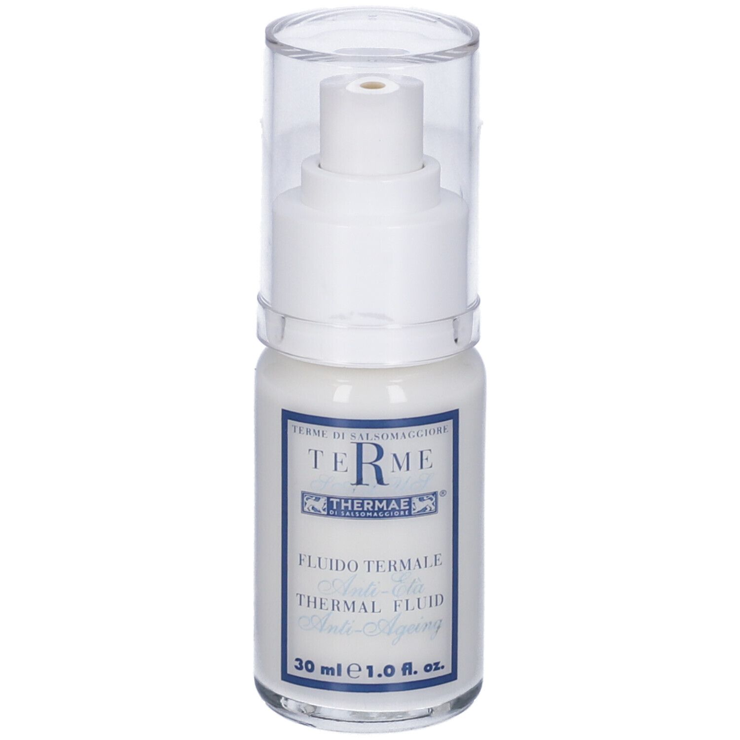 Flacone bianco con coperchio trasparente. Scritta blu. Nome prodotto e volume.