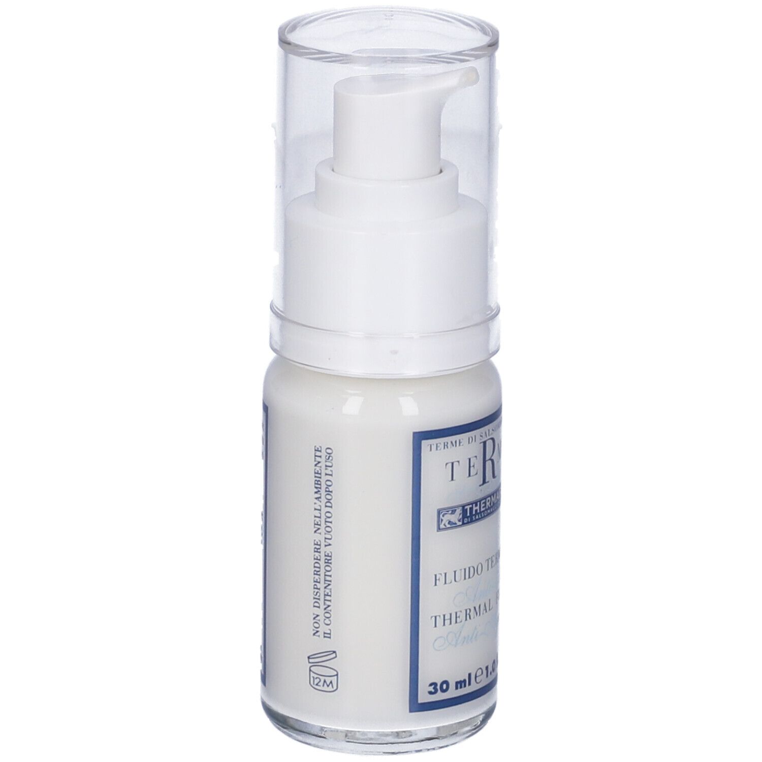 Flacone bianco con coperchio trasparente. Scritta blu. Nome prodotto e volume.