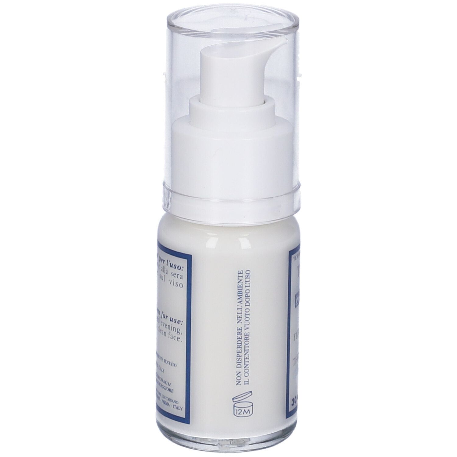 Flacone bianco con coperchio trasparente. Scritta blu. Nome prodotto e volume.