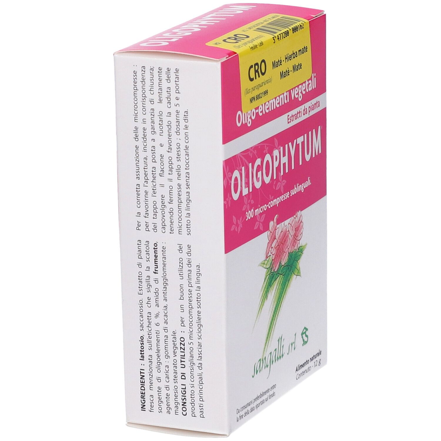 Confezione Oligophytum angolata. Design rosa e bianco. Testo: Oligo-elementi vegetali, 300 micro-compresse sublinguali. Logo Sangalli srl.