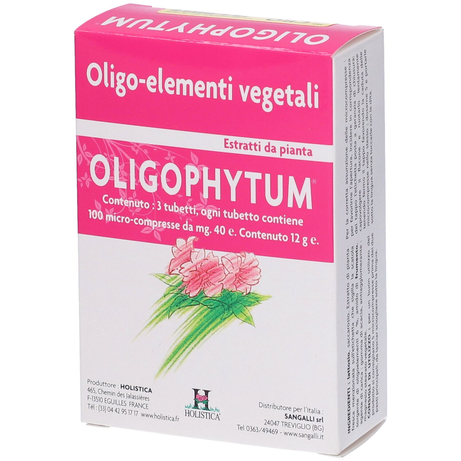 Confezione Oligophytum. Design rosa e bianco. Testo: Oligo-elementi vegetali, 3 tubi, 100 micro-compresse. Logo Holistica.